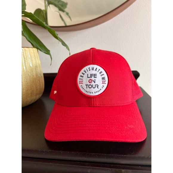 TravisMathew Mens Life On Tour Red Trucker Hat Snapback Mesh Golf Cap - Picture 6 of 7